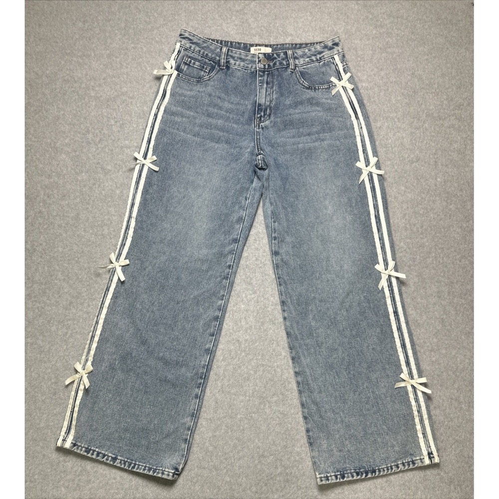 T.E.N.T.H.I.R.T.Y Jeans Wide Leg‎ Light Blue Wash Pin Striped Bows Size 9/29